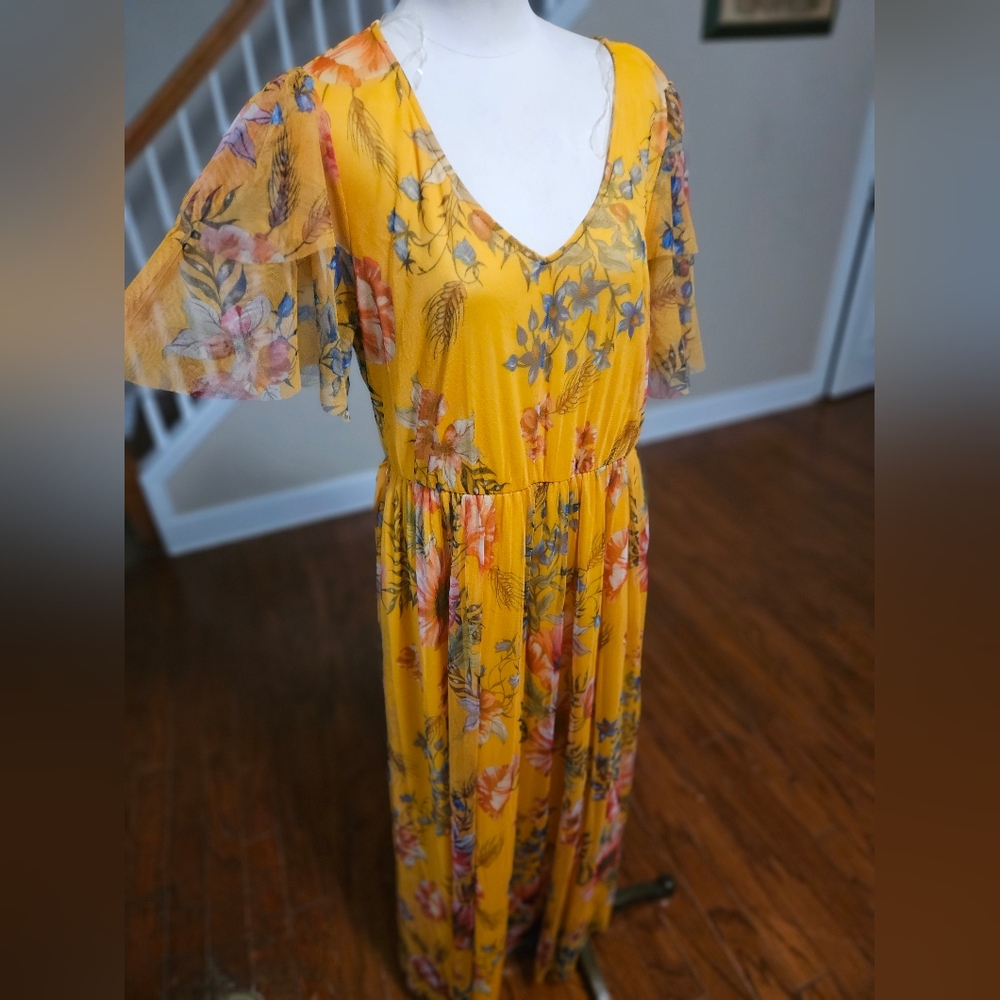 Yellow Floral Maxi Dress with Flutter Sleeves